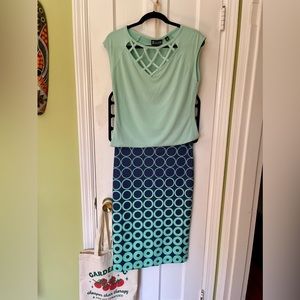 NY&Co | lattice-neck tank (M) and coordinating pencil skirt (size 6) Aqua, navy